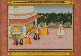 Illustration to a Rasika Priya Series: The Lover Arrives and is Greeted by His Mistress and Her Servant Girls Northern India, Rajasthan, Jaipur School c. 1880 Opaque watercolor heightened with gold on wasli 10.5 x 15.5 in.