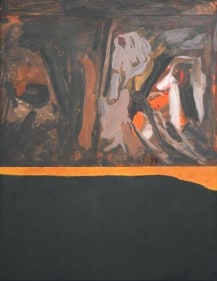 S. H. Raza UNTITLED (ORANGE STRIPE ABSTRACTION) 1975 Acrylic on paper on canvas 19.5 x 15 in.