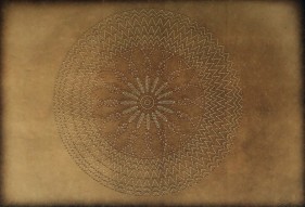 Anila Quayyum Agha Weight Of Gold - 2 2016 Mixed media on paper (Gold and white thread with purple with gold beads on brown Korean hand-made paper) 24 x 35 in.