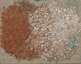 G. R. Iranna  The Fragrance Beneath, 2022  Acrylic, ash, and bricks dust on canvas  66h x 84w in