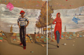 Suleman Aqeel Khilji, Landscape with Figures and Floating Objects (Diptych), 2018, Acrylic, pigments and oil on linen, 57 x 86 in