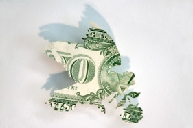 Abdullah M. I. Syed Assembly I: The Hunting Season Hand-cut uncirculated U.S. $1 bills, 100 Pakistani Rupees and pins 28 x 28 in. 2013