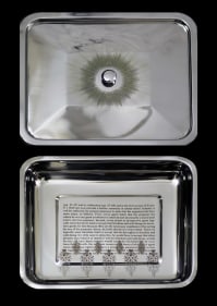 Mujtaba Asif, Untitled - 2 (Human Being Series), 2018, Laser engraving and enamel paint on surgical tool tray, 12.50 x 11 x 2 in