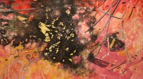 Nitin Mukul BRUSH IN THE ALLEY 2009 Acrylic, oil and tea stains on canvas 50 x 90 in.