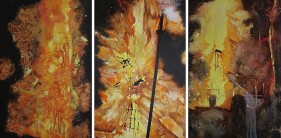 Nitin Mukul CELEBRATION 2010 Oil, acrylic and tea stains on canvas (Triptych) 144 x 72 in.