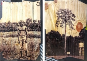 Arunkumar H.G. Vulnerable Guardians Series (Pair 3) 2018 Digital print, floor paint and clear coat on reclaimed wood 20 x 14 in. (Each)