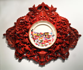 Adeela Suleman  Untitled (Plate - 2), 2017  Wood, Ceramic Plate with Enamel Paint Hardener and Lacquer  30h x 36w x 3.50d in