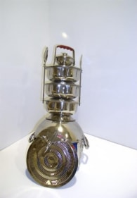 Adeela Suleman STAINLESS STEEL HELMET WITH 4 BOWLS 2008 Stainless steel, metal, fabric and padding 23 x 10 x 11 in.