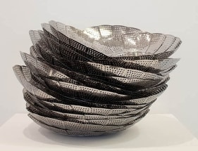 Adeela Suleman STACKED 2009 Electroplated steamers, drain cover, nuts and bolts 14 dia x 14 h in.