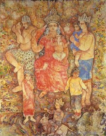 Sakti Burman GANESH-JANANI WITH GANAPATHY, EVARISTE AND ESTELLE 2008 Oil on canvas 57.5 x 45 in.