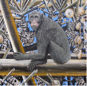 acrylic panting of a gray monkey surrounded my spiky plants and coconut trees with a bright blue background