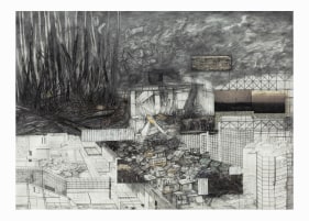 Swagata Bhattacharyya  Untitled, 2020  Graphite, pen, image, paper tape on paper  54 x 42 in