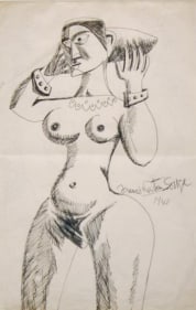 F. N. Souza UNTITLED (STANDING NUDE WITH BRACELETS 1) 1948 Ink and pen on paper 13.5 x 8.5 in.
