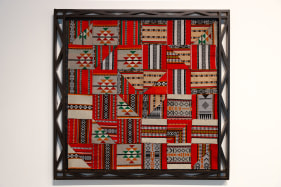 Christopher Joshua Benton  The Place Where Majlis is Made 1  Fabric swatches from shuttered upholstery business, wood  42.91h x 42.91w in  Framed: 49.21h x 49.21w in