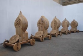 Riyas Komu UNDERTAKERS 2007 Wood, iron and automotive paint 42 x 37 x 23 in., 5 pieces
