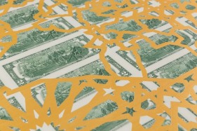 Abdullah M. I. Syed  Mapping Investment: Iraq (Detail 1)  2017  Hand-cut U.S. $2 banknote sheet and banknote collage with acrylic on wasli  20.25 x 50.25 in