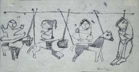 M.F. Husain MERRY-GO-ROUND 1952 Ink on paper 6 x 9 in.  SOLD