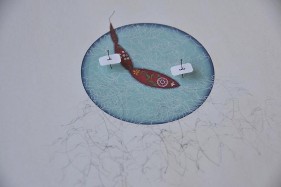 Tazeen Qayyum READ SAFETY DIRECTIONS BEFORE USE II 2009 Gouache and entomology pin labels on wasli 11 x 11 in. NFS