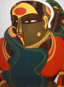 T. Vaikuntam LADY WITH GREEN SARI Acrylic on paper 16 x 12 in.