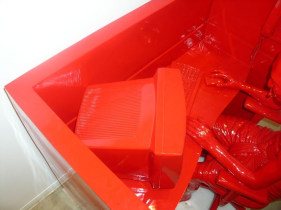 Debanjan Roy INDIA SHINING 9 (GANDHI AT A CALL CENTER) 2009 Fiberglass with acrylic paint 51 x 36 x 47 in. Desk - 24 x 56 x 66 in. Gandhi and chair - 24 x 28 x 50 in. Monitor, keyboard, mouse and phone are separate.