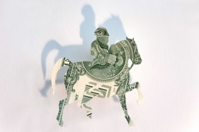 Abdullah M. I. Syed Assembly I: The Hunting Season Hand-cut uncirculated U.S. $1 bills, 100 Pakistani Rupees and pins 28 x 28 in. 2013