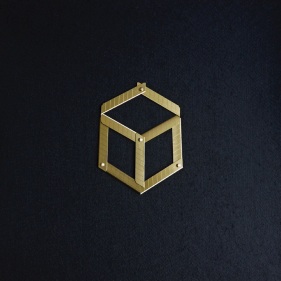 Abdullah M. I. Syed  Margin of Error - Necker Cube on Black, 2017  Titanium utility knife blades, brass, stainless steel, felt and tempered hardwood  23 x 23 in