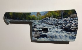 Adeela Suleman  I Will Meet You by the Water - 6, 2017  Metal cleaver with enamel and hardener  5.5 x 12.5 in