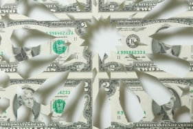 Abdullah M. I. Syed Mapping Investment: Iraq (Detail 2) 2017 Hand-cut U.S. $2 banknote sheet and banknote collage with acrylic on wasli 20.25 x 50.25 in.