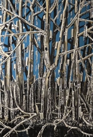 acrylic painting of bamboo with bright blue background
