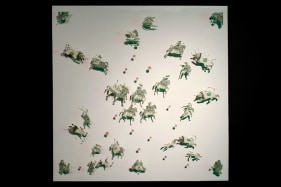 Abdullah M. I. Syed Assembly I: The Hunting Season Hand-cut uncirculated U.S. $1 bills, 100 Pakistani Rupees and pins 28 x 28 in. 2013