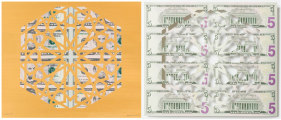 Abdullah M. I. Syed, Divine Structure: Hexagon, 2017, Hand-cut U.S. $5 banknote sheet and banknote collage with acrylic on wasli, 10.25 x 24.50 in