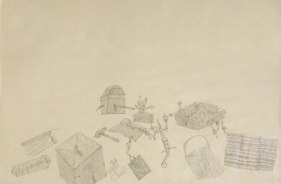 Laxma Goud BITS &amp; SCRAPS SICKLE 1976 Pencil on paper 19 x 30 in.  SOLD