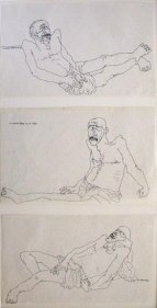 Laxma Goud UNTITLED (IMAGES OF A SICK MAN) 1977 Ink on paper (3 sheets) 18 x 9 in.