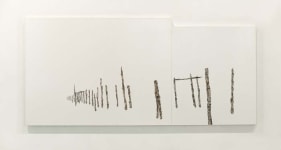 Saad Qureshi Uneasy Landscape 2009 Pencil, newspaper, gloss paint on canvas 103.2 x 48 in.