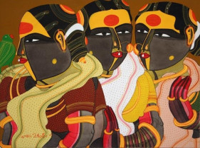 Thota Vaikuntam THREE WOMEN WITH PARROT 2008 Acrylic on canvas 18 x 24 in.