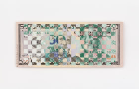 Abdullah M. I. Syed  Weaving Myths and Realities: 50 US dollar and 50 Chinese RMB (Portrait, Recto), 2020  Hand-cut and woven uncirculated 50 US Dollar and 50 Chinese RMB and archival tape  6.60h x 15.50w in