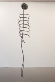 Adeela Suleman LIE ALONE 2 2009 Bathroom pipes, steel tongs, electroplated steamers, nuts and bolts 61 x 11.5 x 8.5 depth in.