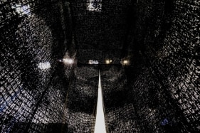 Abir Karmakar ROOM 2015 Acrylic, art powder, and synthetic adhesive on cotton mosquito net 120 x 99.5 x 63.5 in.