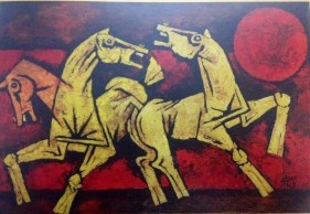 M.F. Husain THREE HORSES ND Acrylic on canvas 40 x 59 in.