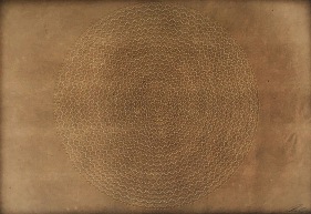 Anila Quayyum Agha Weight of Gold - 1 2016 Mixed media on paper (Gold and white thread with gold beads on brown Korean hand-made paper) 24 x 35 in.