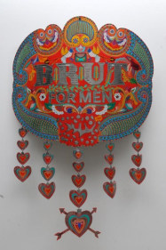 Abdullah M. I. Syed Brut For Men: Heart (English Version) 2013 Hand-beaten and chamak patti (hand stickered ornamentation) metal medallion, wood and stainless steel 59 x 46 in.