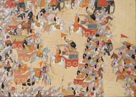 Battle Scene from the Mahabharata: The Battle between Karna and Pradyumma Northern India, Garhwal c. 1800 Opaque watercolour heightened with gold on wasli 11.875 x 16.75 in.