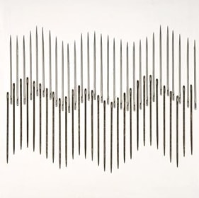 Roohi Ahmed TWO NATION THEORY 2009 Large metallic needles on board 16.5 x 16.5 in.