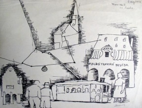 M. F. Husain TRAIN NO. 7 IN PRAHA 1960 Ink on paper 10.5 x 13.5 in.