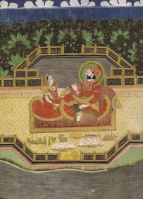 Maharaja Takhat Singh and Consort Norther India, Rajasthan, Jodhpur, Mawar School c. 1845-50 Opaque watercolor and gold on wasli 10.25 x 13.625 in.  NFS