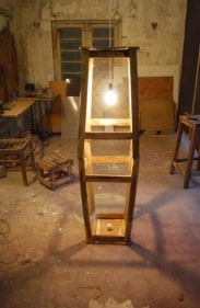 Ehsan ul Haq CREATION OF ADAM 2011 Wooden stools, chicken mesh, egg and lightbulb 60 x 18 x 18 in.