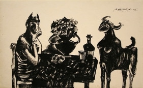 Laxma Goud UNTITLED BEAST AT DINNER Ink on paper 7 x 12 in.  SOLD