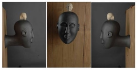 Mayyur Gupta HEAD ON HEAD 2008 Graphite on wood 18.5 x 19 x 15.5 in. (Multiple views of the same sculpture)