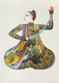 Rekha Rodwittiya Matters Of The Heart (Figure IV) 2014 Digital inkjet print with autobiographic photo images and hand-painted watercolor on paper 84 x 60 in.