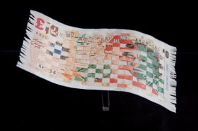 Abdullah M. I. Syed Weaving Myth IV (Flying Rug Series) Hand-cut and weaved 10 British Pounds and 20 Pakistani Rupee with custom Perspex vitrine 6 x 10 in. 2013